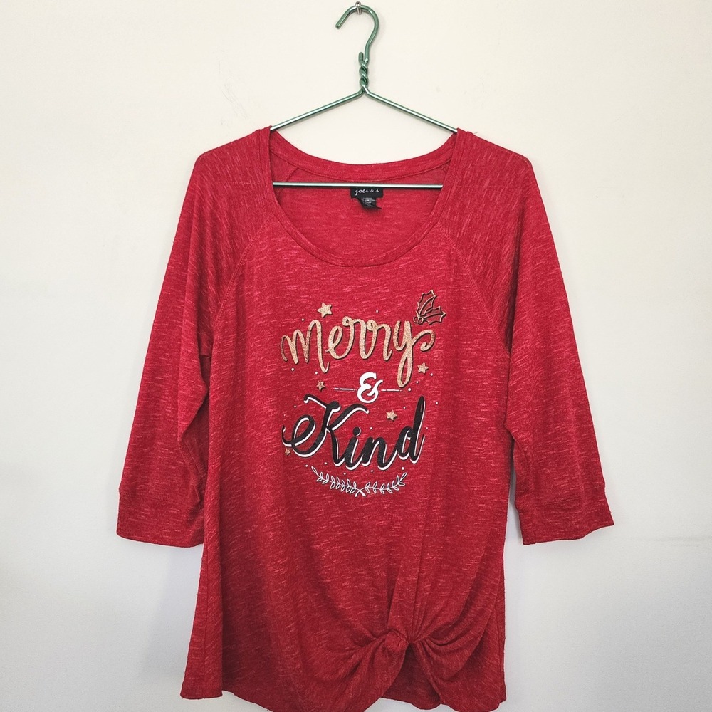 Joei & i Womens Red Merry & Kind Christmas Top 3/4 Sleeve Knot Hem Large